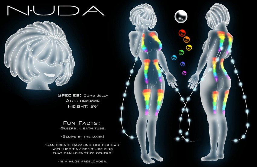 2016 animal_humanoid black_background breasts comb_jelly ctenophore english_text female glowing hair hair_over_eyes humanoid marine marine_humanoid model_sheet noseless nuda nude pussy rainbow short_hair sigoogle simple_background solo standing tentacle text translucent white_skin