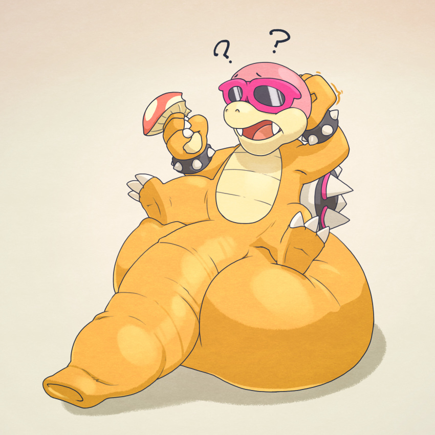 1boy 2019 3_toes 4_fingers ? anthro argon_vile balls big_balls bracelet brown_background claws confusion eyewear front_view full_body grey_background hi_res huge_balls humanoid_penis hyper hyper_balls hyper_penis jewelry koopa koopaling koopalings long_foreskin male male_only mario_(series) motion_lines mushroom nintendo nude open_mouth orange_body penis roy_koopa scalie scratching_head simple_background sitting sitting_on_balls solo spiked_bracelet spikes sunglasses super_mario_bros. testicles toes uncut video_games