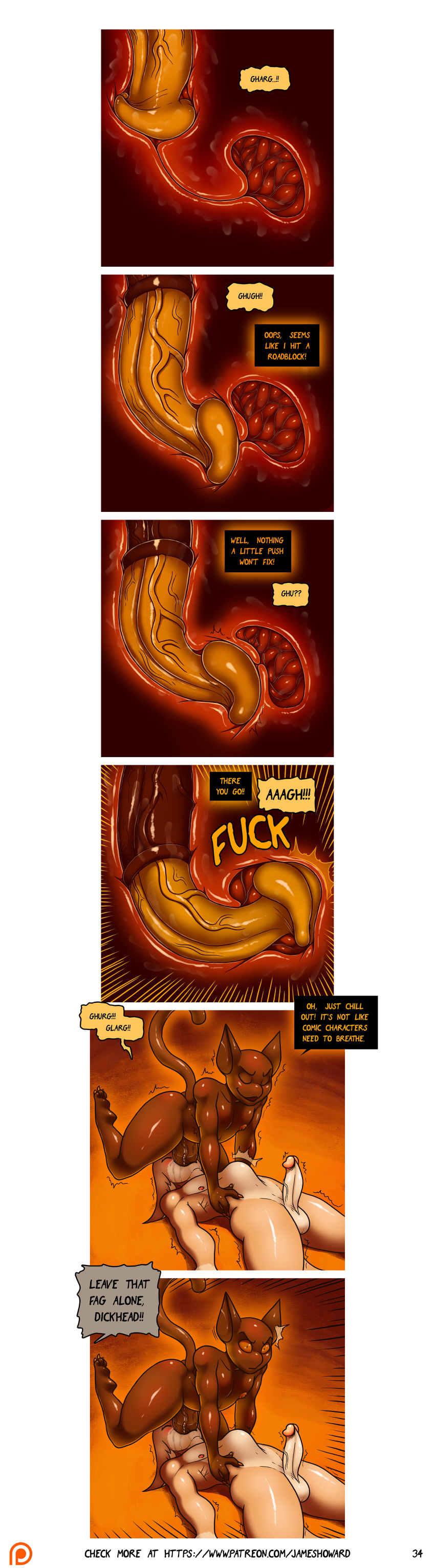 absurd_res animal_genitalia animal_penis anthro balls big_penis blush breaking_the_fourth_wall comic dialogue domestic_cat duo equine_penis erection felid feline felis flared_penis forced forced_oral gabe_(james_howard) hi_res horsecock howard_(james_howard) humanoid_penis internal james_howard male male_only male_penetrating mammal neck_bulge nipples nude onomatopoeia oral page_34 page_number penis saliva sex sound_effects stomach stomach_bulge vein veiny_penis