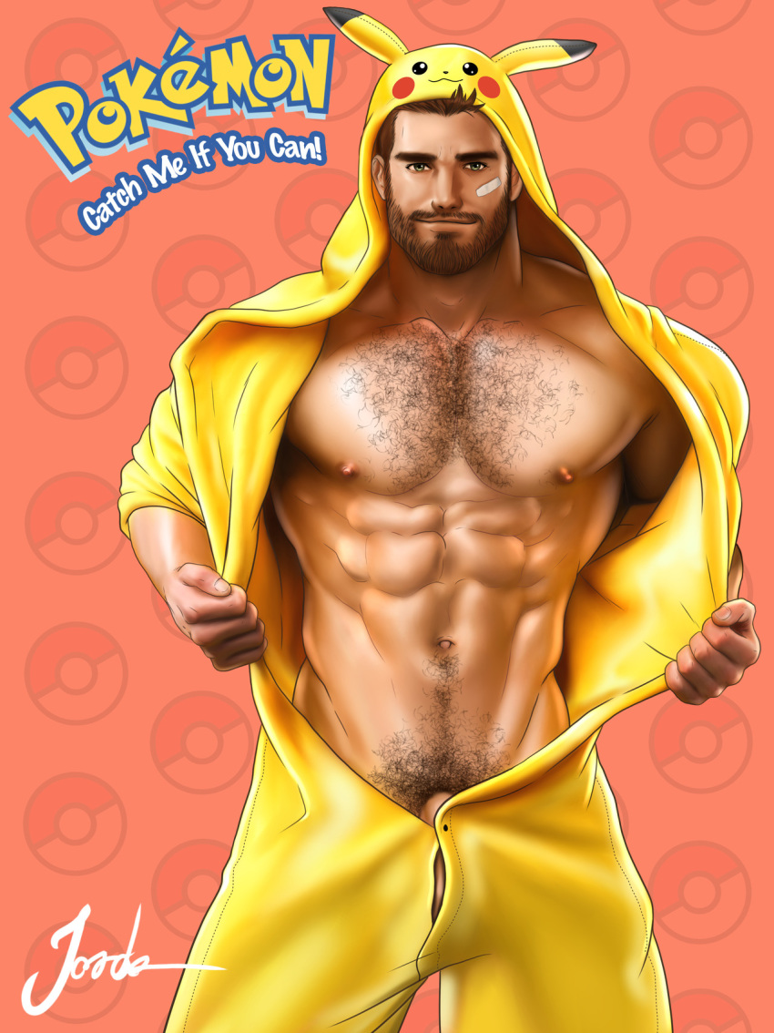 1boy abs beard body_hair costume dick_root facial_hair green_eyes hairy_chest human jorden_arts male male_nipples male_only male_pubic_hair manly muscles muscular_male mustache nintendo onesie pecs penis penis_peek pikachu pikachu_(cosplay) pokémon pokemon pokemon_(cosplay) revealing_chest solo undressing yellow