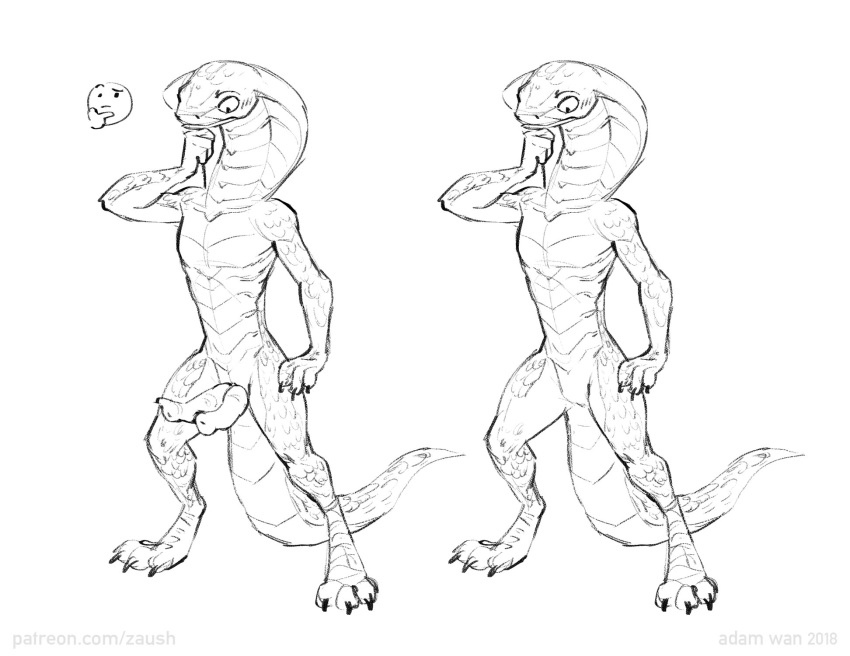 2018 adam_wan animal_genitalia animal_penis anthro black_and_white diphallia diphallism emoji erection featureless_crotch hemipenes hi_res looking_down male male_only monochrome multi_genitalia multi_penis nude penis scalie sethrak simple_background sketch snake_hood solo standing thinking white_background