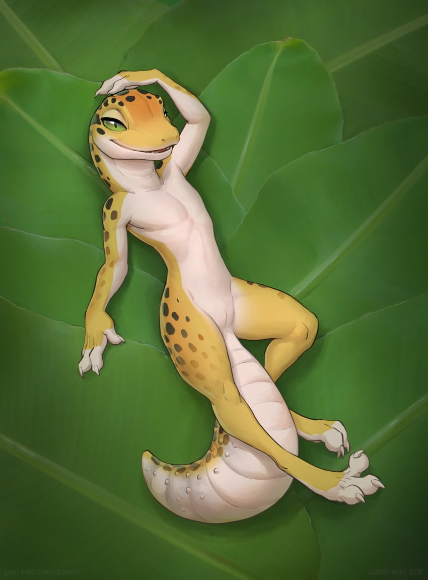 2018 adam_wan animal_genitalia anthro claws gecko genital_slit green_eyes half-closed_eyes leaf leopard_gecko lizard looking_at_viewer lying male nude on_back reptile scalie slit smile solo spots tan_skin toe_claws toes yellow_skin