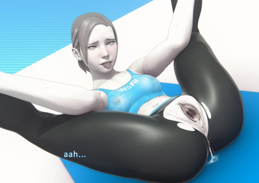 3d after_sex ahe_gao crossed_eyes crying crying_with_eyes_open cum cum_drip cum_in_pussy cum_inside female female_only gaping gaping_pussy john_doe nintendo nipples nipples_visible_through_clothing pussy solo spread_legs text wii_fit wii_fit_trainer