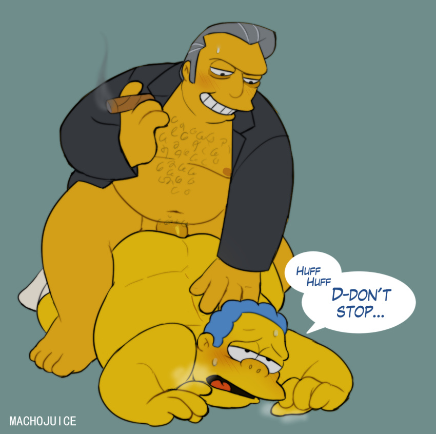 2boys anal anal_sex blue_hair chief_wiggum cigar clancy_wiggum fat fat_man fat_tony gay machojuice mafia male male_only obese obese_male overweight overweight_male police sex smoking speech_bubble the_simpsons yaoi yellow_skin