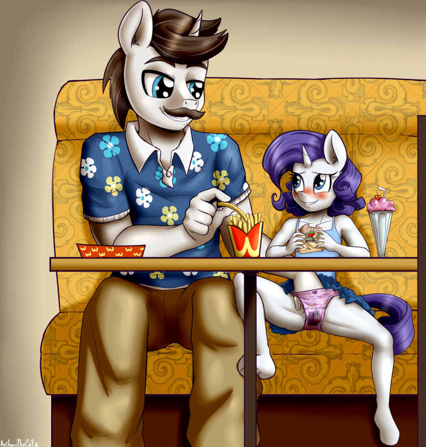 1boy 1girls 2019 absurd_res anibaruthecat anthro blush burger clothed clothing daughter duo equine facial_hair father father_and_daughter female fingering food friendship_is_magic fries grin highres horn incest magnum_(mlp) male mammal moustache my_little_pony panties parent pussy_juice rarity_(mlp) sitting skirt smile spread_legs spreading straight straight_hair underwear unicorn young