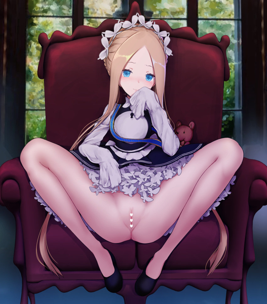 abigail_williams_(fate/grand_order) ass bangs black_footwear black_skirt blonde_hair blue_eyes blush bottomless braid breasts chair closed_mouth crotch dress fate/grand_order fate_(series) female french_braid heroic_spirit_festival_outfit highres leaning_back long_hair long_sleeves looking_at_viewer maid_headdress parted_bangs pussy rihyaruto_bafuman sash sidelocks sitting skirt small_breasts smile solo spread_legs stuffed_animal stuffed_toy teddy_bear very_long_hair white_dress window