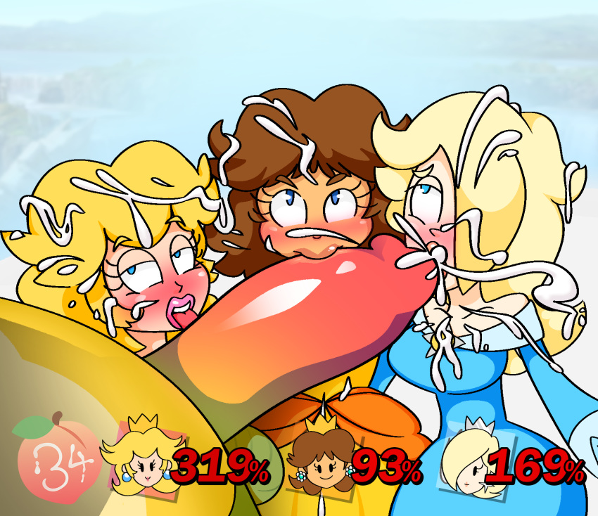 1boy 3girls big_penis blonde_hair blue_eyes bowser brown_hair collaborative_fellatio cum cum_in_mouth cum_on_face fellatio huge_cock mario_(series) multiple_girls nintendo peachypop34 princess_daisy princess_peach princess_rosalina super_mario_bros. teamwork unseen_male_face