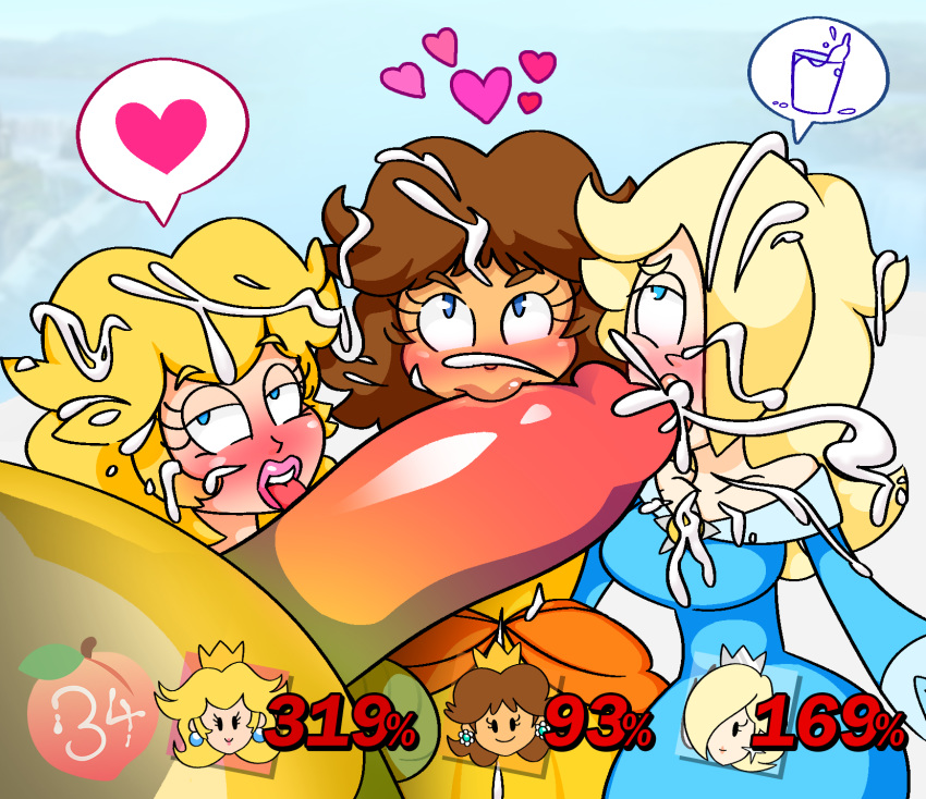 1boy 3girls big_penis blonde_hair blue_eyes bowser brown_hair collaborative_fellatio cum cum_in_mouth cum_on_face fellatio huge_cock mario_(series) multiple_girls nintendo peachypop34 princess_daisy princess_peach princess_rosalina super_mario_bros. teamwork unseen_male_face