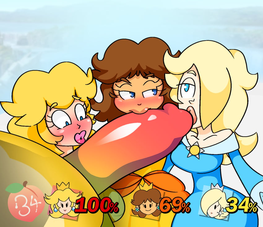 1boy 3girls 69_(number) big_penis blonde_hair blue_eyes bowser brown_hair collaborative_fellatio fellatio huge_cock mario_(series) multiple_girls nintendo oral peachypop34 princess_daisy princess_peach princess_rosalina super_mario_bros. teamwork unseen_male_face