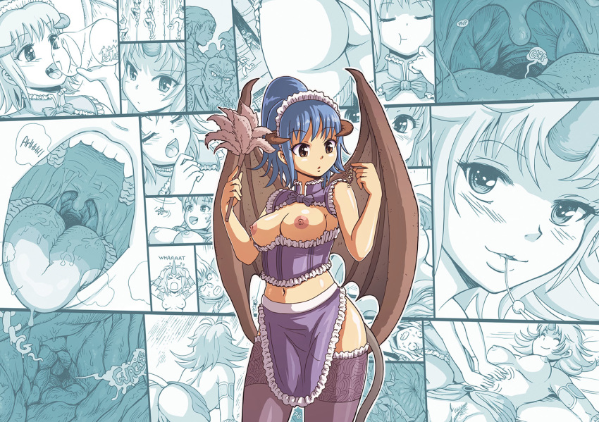 ashmet ashmet_(karbo) blue_hair breasts breasts_out brown_eyes demon_girl felarya female giantess highres horns human karbo large_breasts maid nipples original ponytail short_hair standing