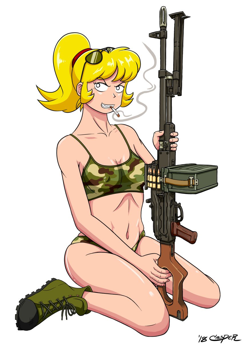 1girls blonde_hair boots camouflage camouflage_bikini casper_(artist) cigarette eva_sirkowski female gun midriff miss_dynamite navel ponytail rifle sirkowski small_breasts smile smoking solo solo_female weapon