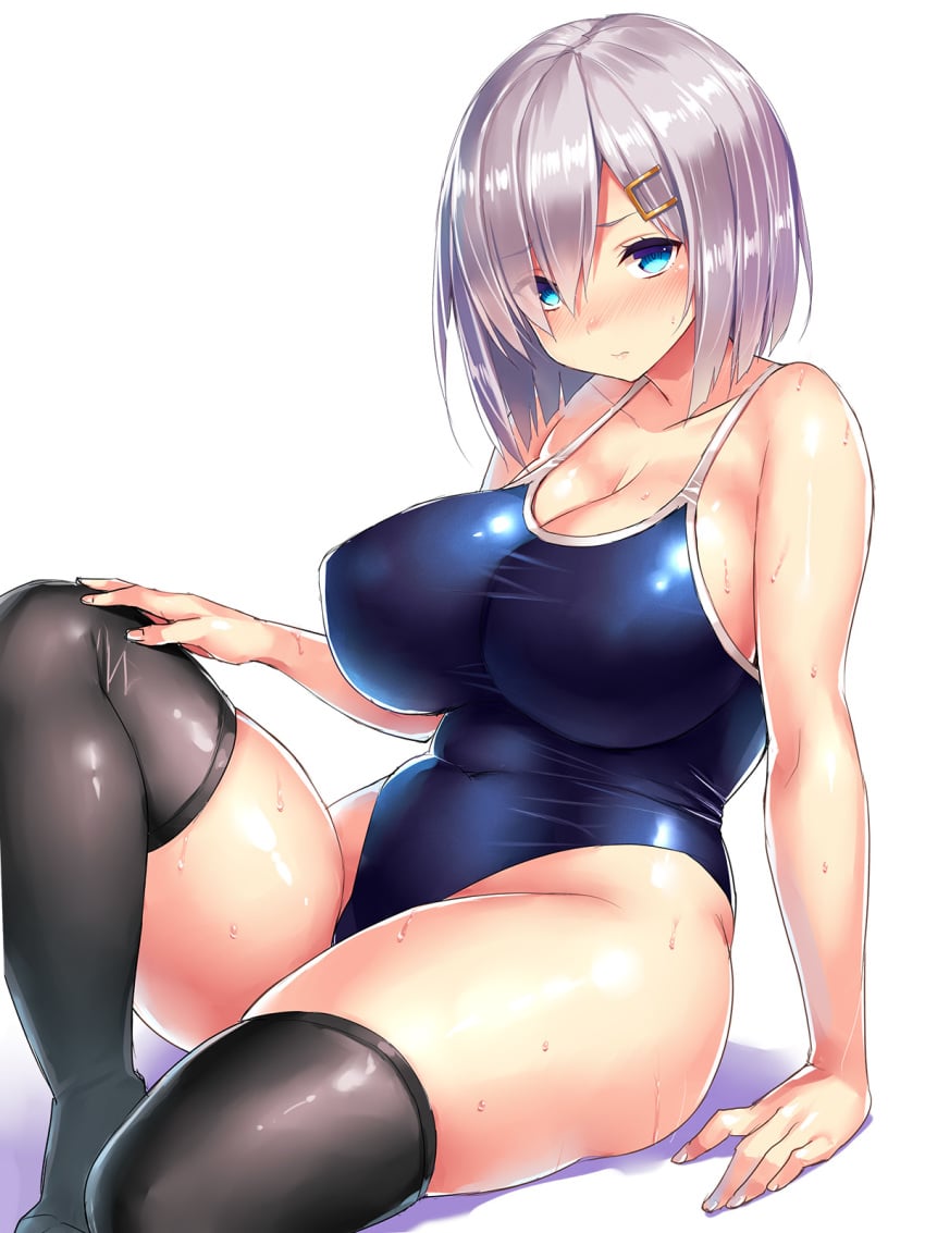 1girls arm_support ass big_breasts big_thighs blush breasts cleavage clothed collarbone covered_navel fat_thighs female female_focus female_only front_view hair_over_one_eye hairclip hamakaze_(kantai_collection) huge_breasts human kantai_collection large_breasts large_thighs looking_at_viewer nipple_bulge one-piece_swimsuit shiny shiny_skin short_hair silver_hair simple_background sitting skin_tight skindentation solo solo_female solo_focus sweat thick_thighs thighhighs tight_clothes tsukumiya_amane voluptuous wet wet_body wet_clothes wet_clothing wet_skin wet_swimsuit white_background wide_hips