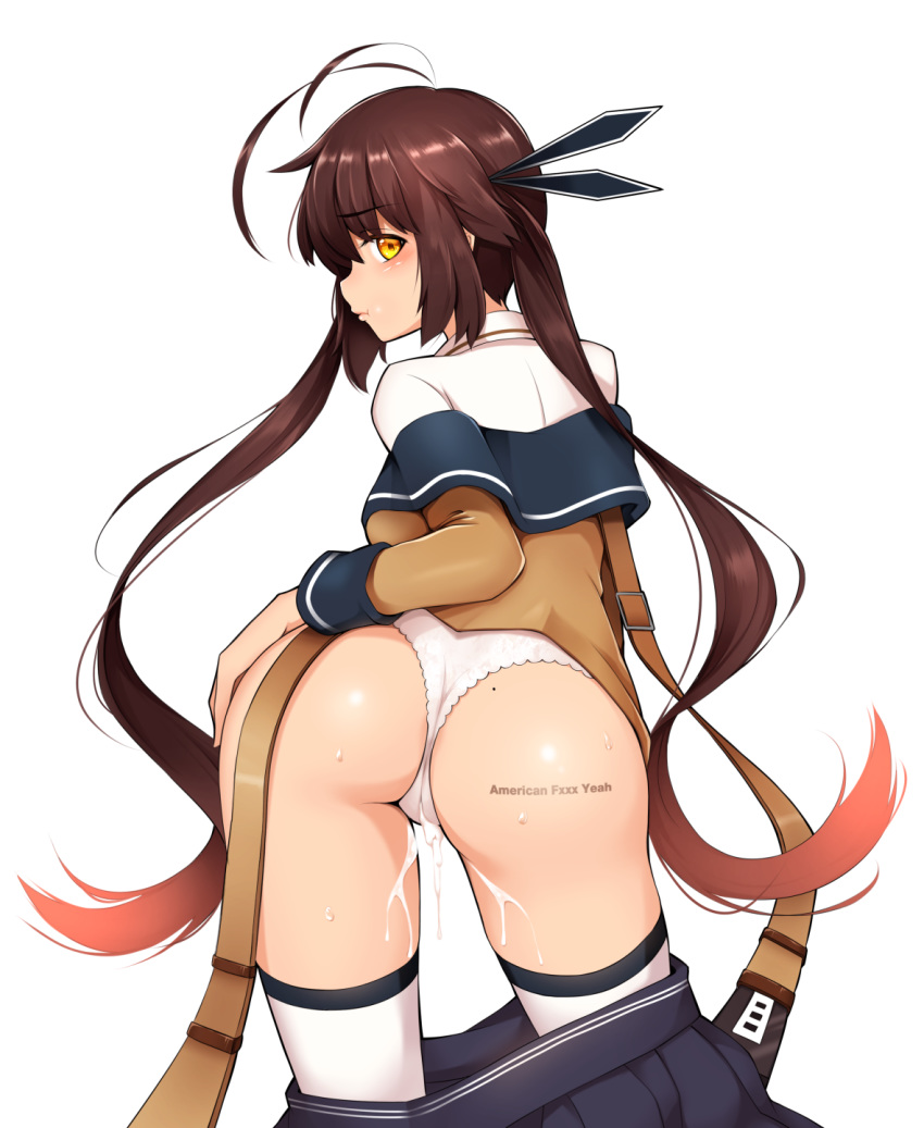 ass bangs black_skirt bloody0rabby blush body_writing brown_hair contrapposto cum cum_in_pussy cum_under_clothes cum_under_panties cum_wearing cum_wearing_(panties) cumdrip eyebrows_visible_through_hair female from_behind girls'_frontline gradient_hair hand_on_hip highres long_hair long_sleeves looking_at_viewer looking_back m14_(girls'_frontline) mole_on_ass multicolored_hair off_shoulder panties pout red_hair shirt skirt skirt_pull solo sweat thighhighs twintails underwear very_long_hair white_background white_legwear white_panties white_shirt yellow_eyes