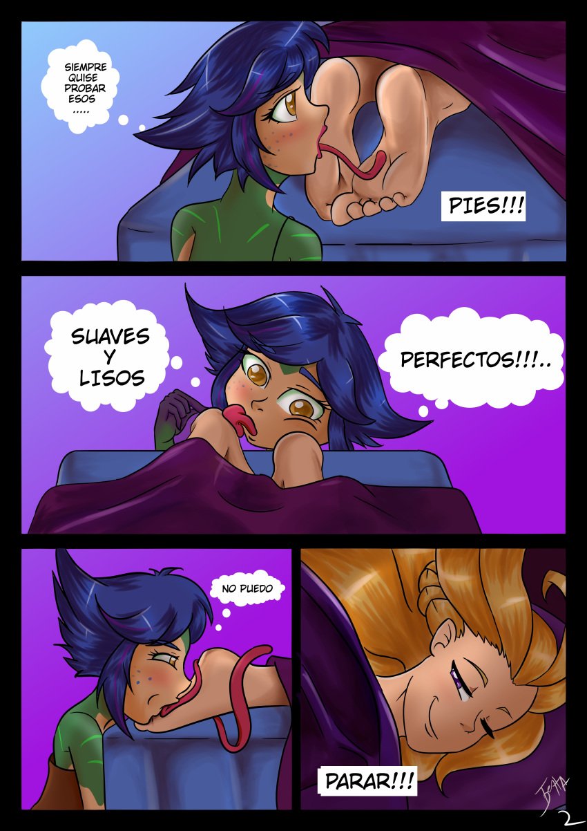 2girls aaronart_(artist) bed blue_hair feet foot_fetish foot_lick foot_worship league_of_legends lipstick neeko one_eye_closed riot_games short_hair sleeping soles spanish_text text toes tongue tongue_out translated watermark yuri zoe_(league_of_legends)