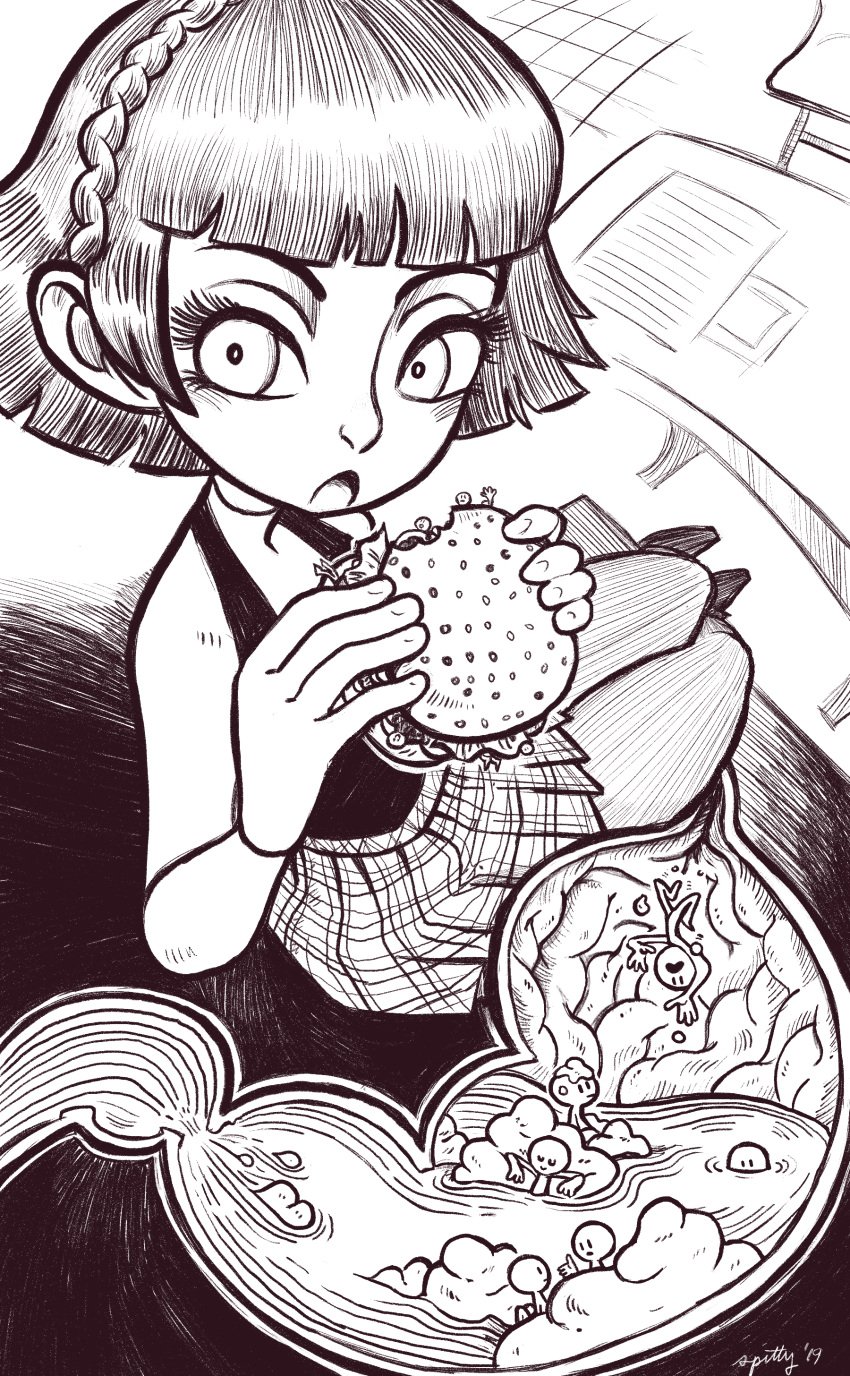 2019 absurd_res atlus clothed food food_play giantess hamburger makoto_niijima megami_tensei monochrome persona persona_5 restaurant short_hair size_difference skirt soft_vore spitty stomach stomach_acid unaware unaware_vore vore