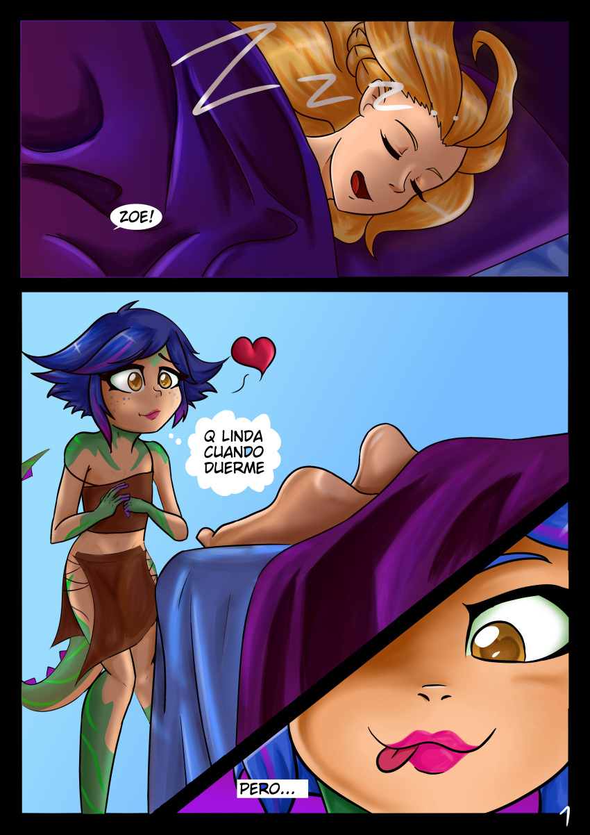 2girls aaronart_(artist) bed blue_hair feet foot_fetish interspecies league_of_legends lipstick neeko orange_hair riot_games short_hair sleeping text toes tongue tongue_out translation_request watermark zoe_(league_of_legends)