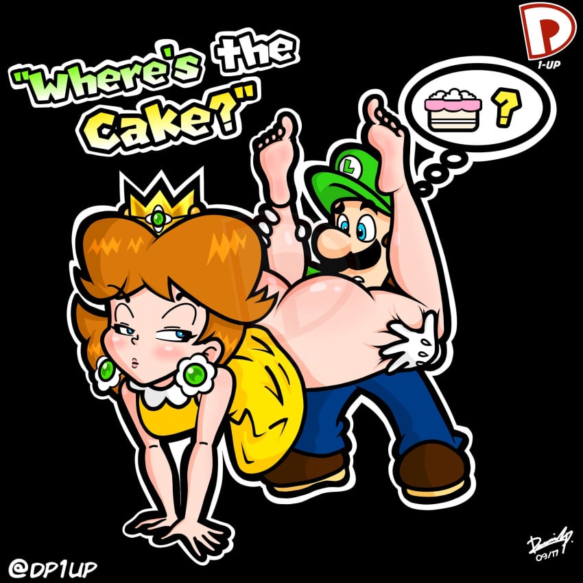 1boy 1girls ass barefoot black_background blue_eyes bottomless brown_hair clothing disappointed dp1up dress english_text female full_body half-closed_eyes huge_ass looking_at_another looking_back luigi male mario_(series) nintendo oblivious princess_daisy sexually_ignorant simple_background super_mario_bros. text