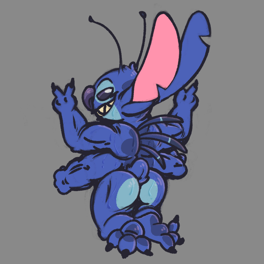 1:1 2022 3_toes 4_arms absurd_res alien antennae_(anatomy) anthro ass back_markings back_spines biceps biped blue_body blue_fur blue_nose blue_pawpads claws colored_sketch digital_drawing_(artwork) digital_media_(artwork) disney experiment_(lilo_and_stitch) fatzoimp feet fur gesture grey_background grin half-closed_eyes head_markings head_tuft hi_res kneeling lilo_and_stitch looking_at_viewer looking_away looking_back looking_back_at_viewer male markings multi_arm multi_limb muscular muscular_anthro muscular_male narrowed_eyes notched_ear occipital_markings pawpads pupils rear_view simple_background sketch small_tail smile solo stitch toe_claws toes tuft v_sign white_pupils