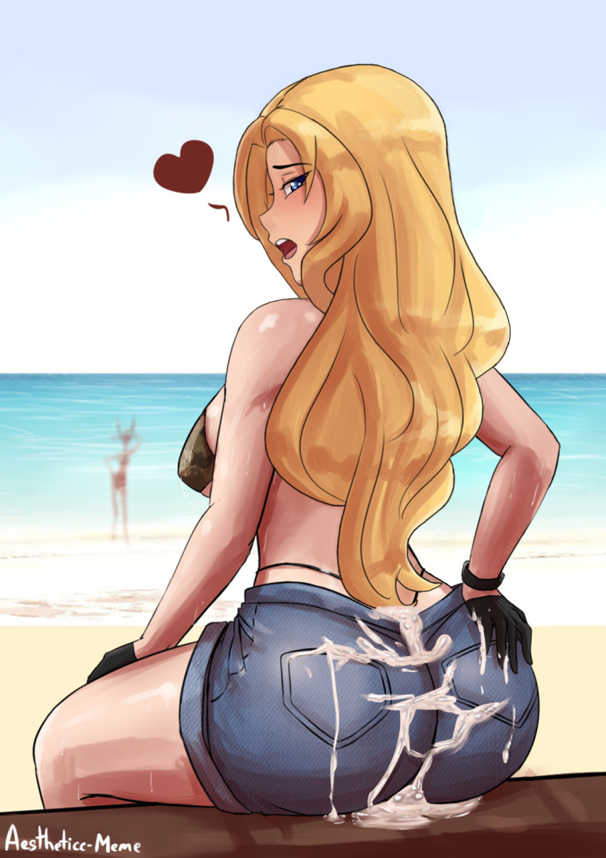 aestheticc-meme back beach big_ass big_breasts bikini_top blonde_hair blue_eyes clothed cum cum_on_ass edit female rwby saphron_cotta-arc shorts solo