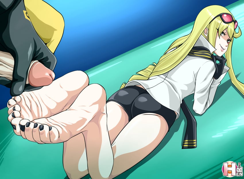 barefoot black_nail_polish black_nails black_toenails blonde_hair digimon digimon_story digimon_story:_cyber_sleuth eyewear_on_head feet female foot_fetish glasses glasses_on_head human kyouko_kuremi looking_back male male_protagonist masturbation nail_polish painted_nails penis presenting_feet rankerhen soles sunglasses_on_head takumi_aiba toenail_polish toes