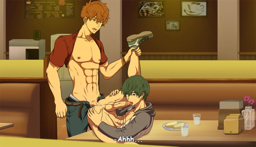 2boys abs anal anal_penetration ass_juice autofellatio bottomless brothers dinner erection family food free! high_speed! incest kirishima_ikuya kirishima_natsuya leg_lift male_focus muscle nipples onoro_nyo pecs penetration penis public self_blowjob self_fellatio self_sucking sex shirt_pulled_behind_neck shoes siblings table testicles text_focus yaoi