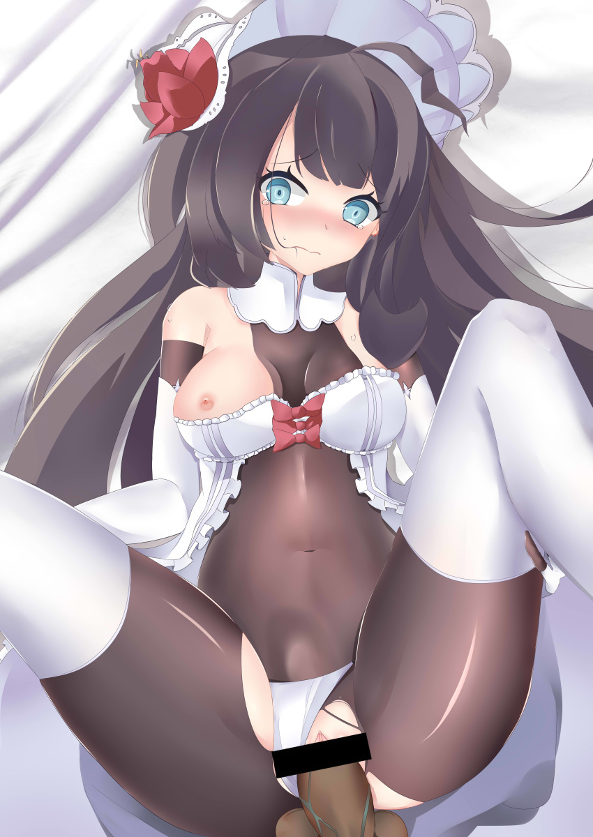 1boy absurdres ahoge bangs bar_censor black_hair blue_eyes blunt_bangs blush bodystocking breasts censored collar dress duxze elbow_gloves eyebrows_visible_through_hair female frills girls'_frontline gloves hairband highres layered_gloves lolita_hairband long_hair lying medium_breasts navel nipples on_back on_bed panties panties_aside pantyhose penis pov pussy sex solo_focus stechkin_(girls_frontline) stomach_bulge straight tearing_up thighhighs thighhighs_over_pantyhose torn_bodystocking underwear vaginal_penetration very_long_hair wedding_dress