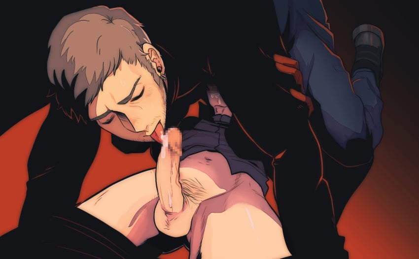 2boys 69 age_difference atlus brown_hair censored cum_drip cum_in_mouth drooling erection facial_hair fellatio gay iwai_munehisa licking_cum lying male male_only megami_tensei multiple_boys oral pants_down penis persona persona_5 pointless_censoring ren_amamiya saliva shin_megami_tensei straddling tongue undressing wildaruba yaoi