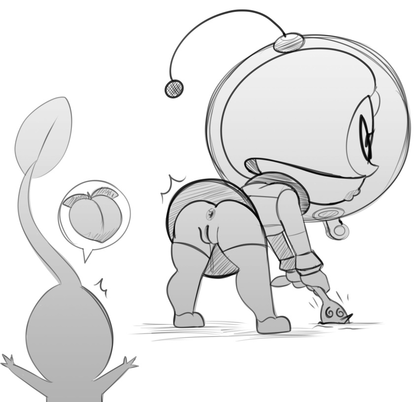 antennae anus astronaut bending_forward black_and_white boots brittany_(pikmin) female from_behind glasses helmet lipstick mob_face nintendo peach_(fruit) pikmin pikmin_(species) plucking pointy_nose pussy pussy_juice red_pikmin somescrub speech_bubble upskirt whistle