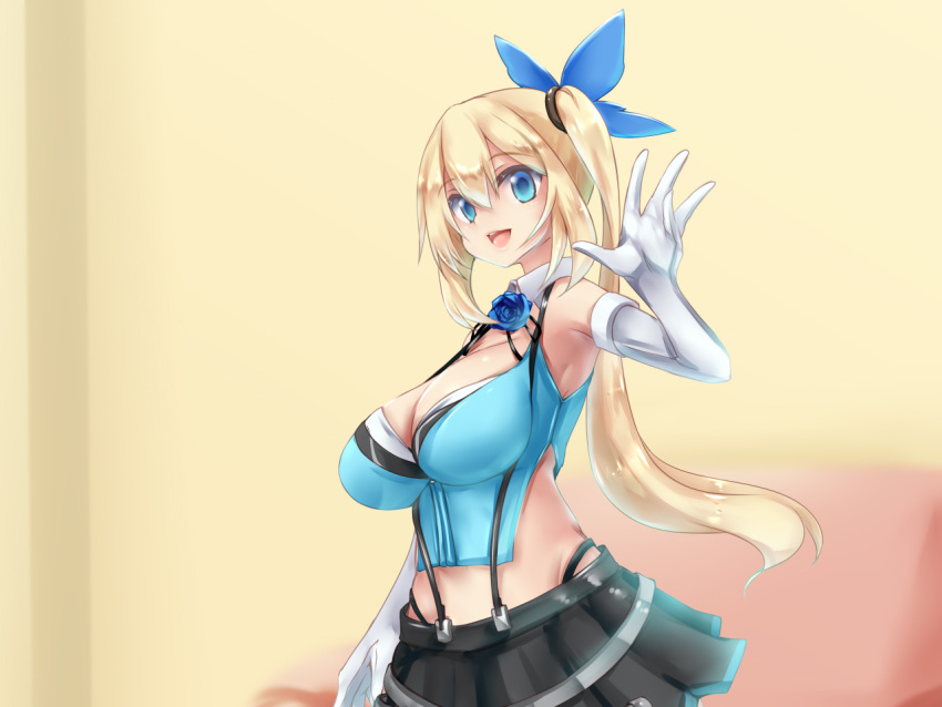 bare_shoulders blonde_hair blue_eyes breasts cleavage elbow_gloves eyebrows_visible_through_hair female gloves hair_ornament large_breasts long_hair looking_at_viewer midriff mirai_akari mirai_akari_project mitsuru_(madeinore) open_mouth pleated_skirt side_ponytail simple_background skirt sleeveless smile solo tongue virtual_youtuber white_gloves yellow_background