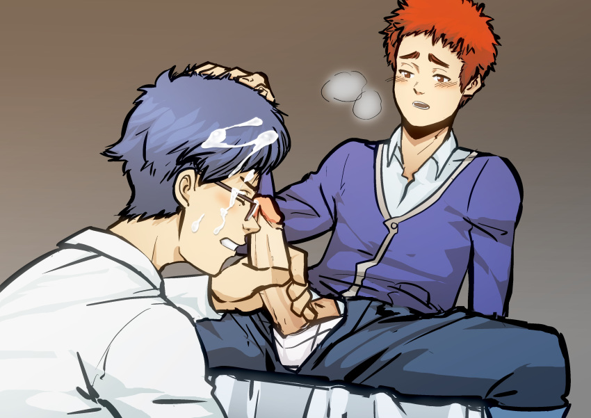 2boys blue_hair blush cum cum_on_face cum_on_hair digimon erection gay glasses hand_on_head heavy_breathing human human_only joe_kido koushiro_izumi leg_spread male male/male male_only penis penis_grab red_hair suiton yaoi