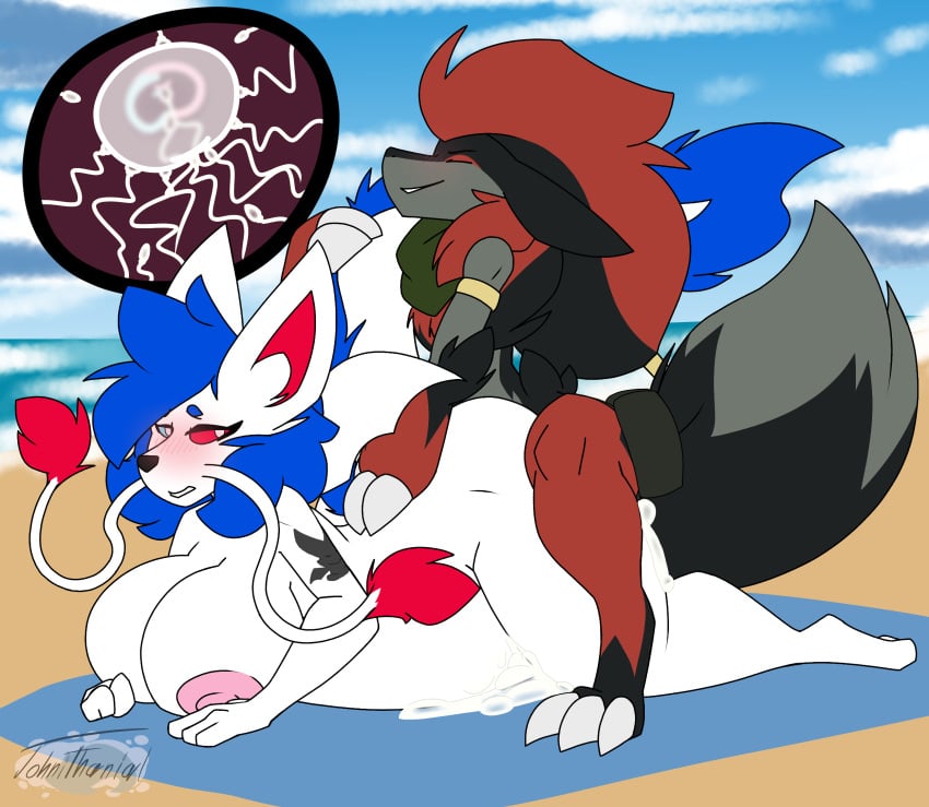 1boy 1girls alternate_color anthro anthro_on_anthro anthro_penetrated anthro_penetrating anthro_penetrating_anthro beach blush breasts canine cum cum_in_pussy cum_inside cum_on_ground female female_anthro femsub fox from_behind_position furry furry_only half-closed_eyes huge_breasts hybrid impregnation inflation interspecies john_(johnithanial) johnithanial male male_anthro male_zoroark maledom mammal nintendo original_character ovum penile_penetration penis_in_pussy pokémon_(species) pokemon pokemon_(species) pokemon_bw seaside sex sperm_cell straight text thick_thighs vaginal_penetration video_games watermark wide_hips zoroark