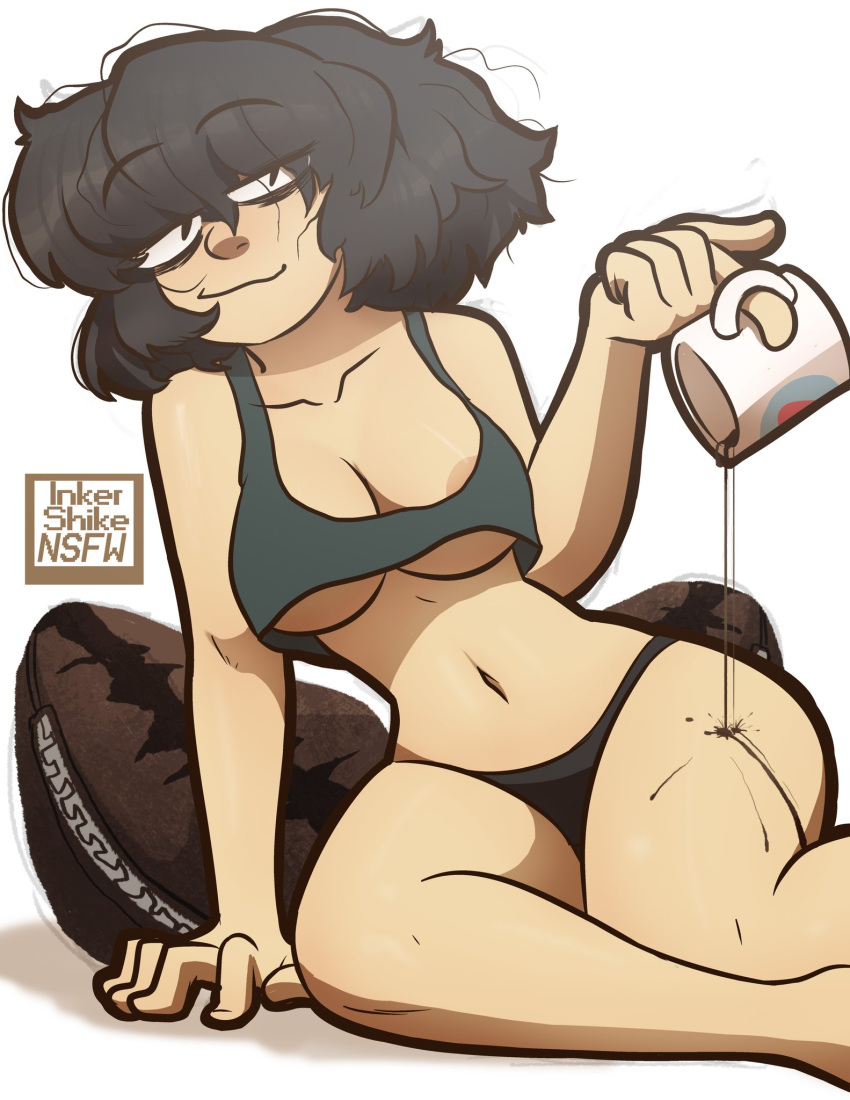 1girls bedhead black_hair breasts coffee coffee_mug female female_only inkershike looking_at_viewer maire_(inkershike) nipple_slip original original_character panties short_hair smile solo tank_top thick_thighs tired tired_eyes underboob underwear