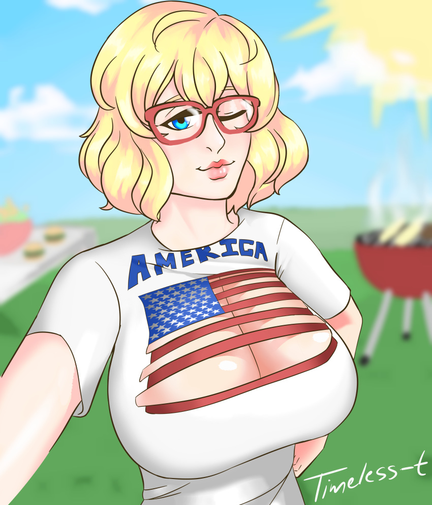 1girls alternate_version_available american_flag_shirt annie_brown blonde_hair blue_eyes cleavage cleavage_cutout clothed clothing female female_only glasses human large_breasts one_eye_closed selfie shimoneta_to_iu_gainen_ga_sonzai_shinai_taikutsu_na_sekai solo timeless-t