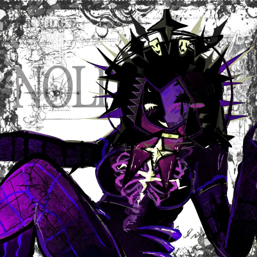 1girls 2d abstract_background breasts breasts_out crown female female_focus female_only forsaken_(roblox) genderswap_(mtf) huge_breasts noli_(forsaken) purple_body roblox roblox_game rule_63