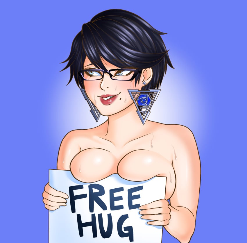 1girls aqua_eyes bangs bayonetta bayonetta_(character) bayonetta_2 beauty_mark black_hair blue_background blue_eyes breast_press breasts cleavage collarbone covering_nipples earrings english_text eyewear female female_only free_hugs front_view glasses hair_between_eyes highres holding_object holding_sign human large_breasts lipstick mole mole_under_mouth nude red_lipstick short_hair sign simple_background smile solo sweat text timeless-t upper_body