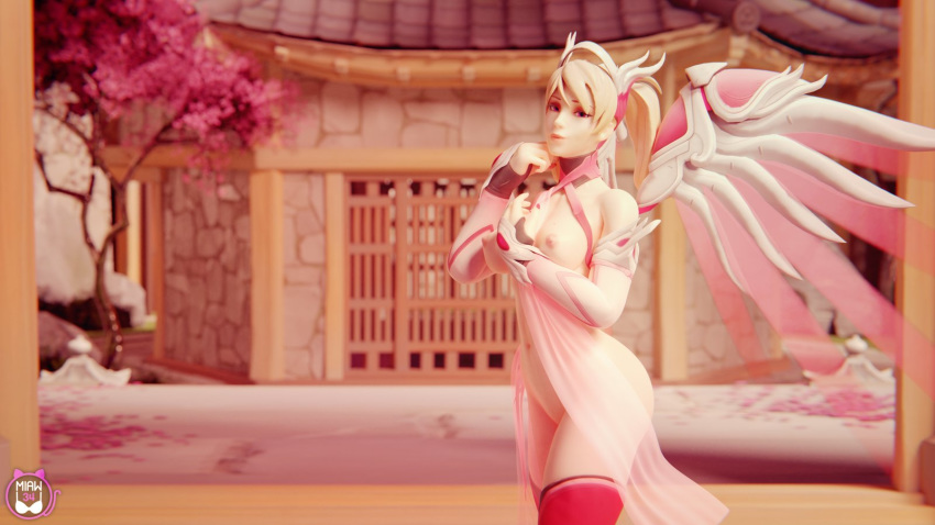 3d alternate_costume areolae blender breasts female female_only hanamura_(map) looking_at_viewer mercy miaw34 nipples overwatch pink_mercy solo thighhighs