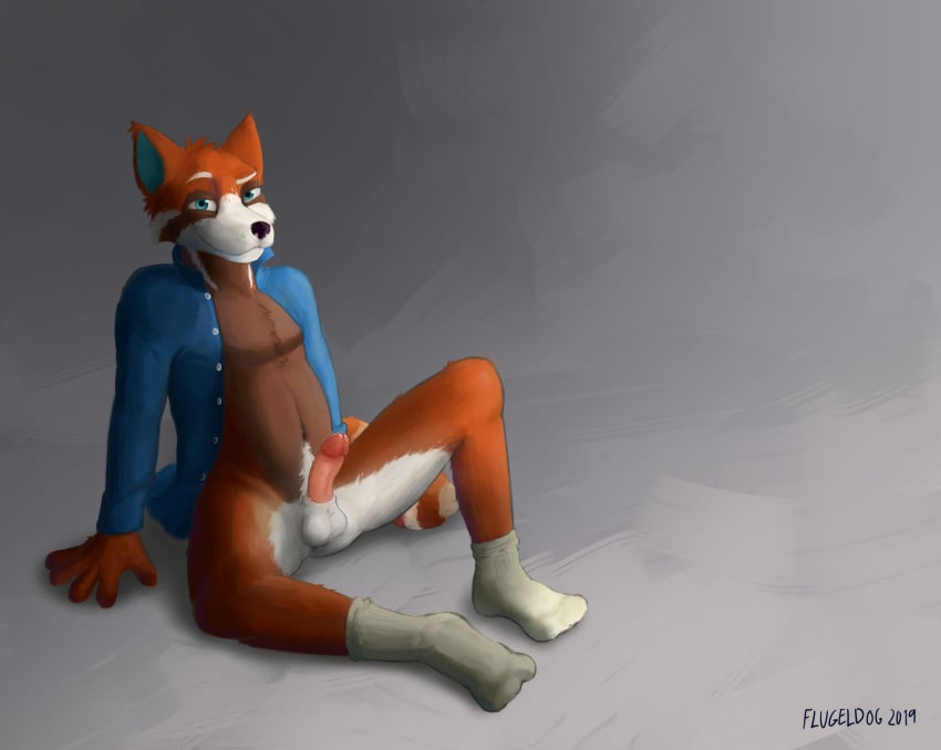 2019 ailurid anthro balls bottomless clothed clothing erection flugeldog fur legwear male male_only mammal penis red_panda shirt simple_background sitting smile socks solo