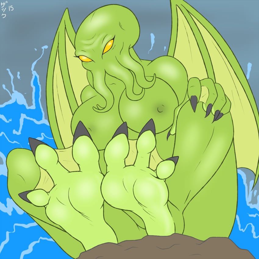 2015 3_toes alien alien_girl alien_humanoid anthro barefoot breasts cephalopod claws cthulhu cthulhu_mythos deity eldritch_horror face_tentacles feet female foot_focus genderswap_(mtf) h.p._lovecraft hi_res literature marine membranous_wings mollusk monster monster_girl mythology nightmare_waifu octopus plantigrade public_domain rock rule_63 sitting soles solo toes water webbed_feet webbing wings zp92