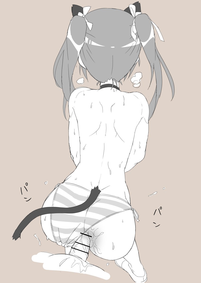 1boy absurdres anal animal_ears ass breath brown_background cat_ears cat_tail censored choker doggy_style female francesca_lucchini hair_ornament hair_ribbon highres monochrome panties penis ribbon sex side-tie_panties simple_background standing_sex straight strike_witches striped striped_panties sweat sweatdrop tail tavor_(m_tavor) twintails underwear world_witches_series