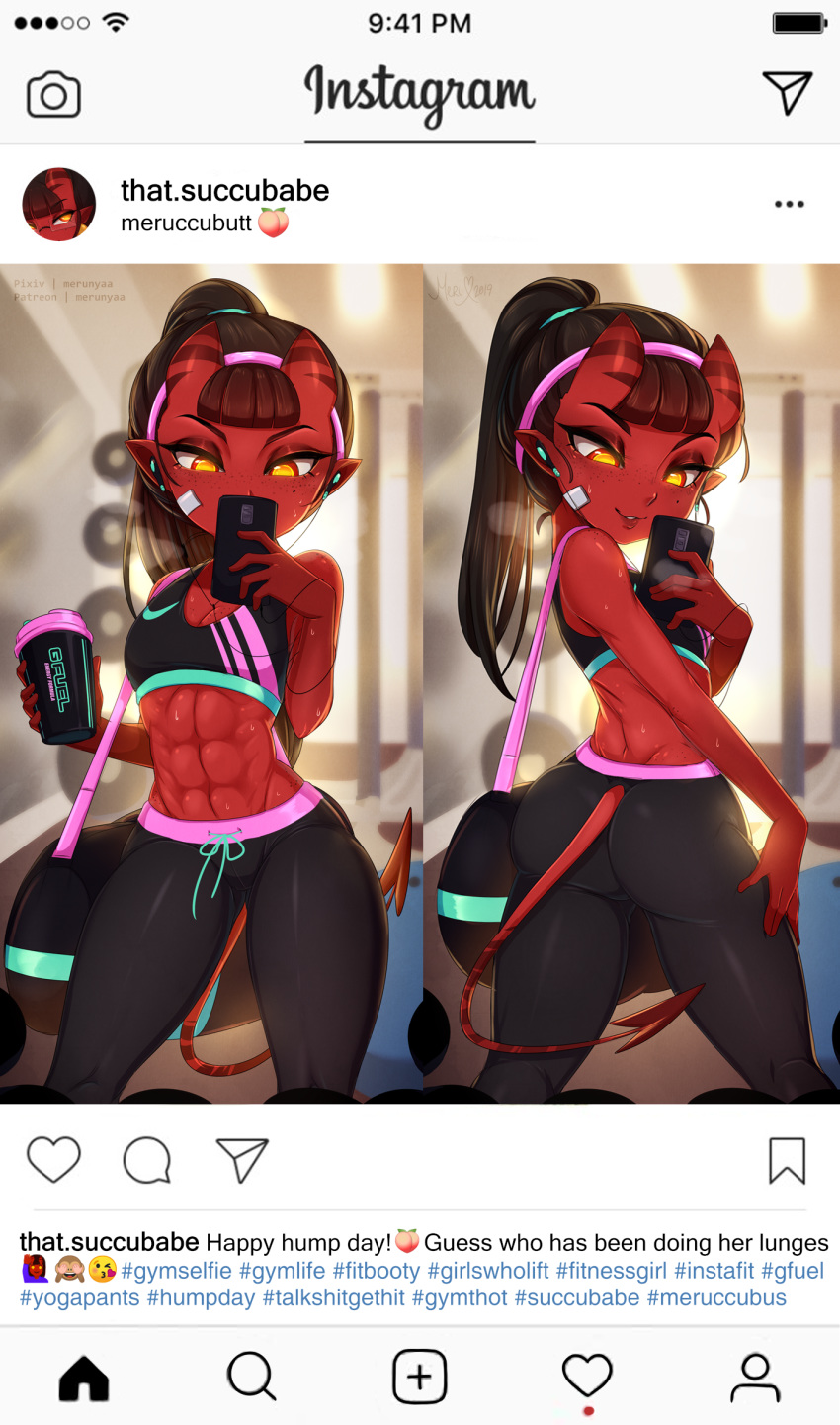 1girls 2019 abs ass athletic_wear demon demon_girl demon_horns demon_tail earbuds english_text female female_only freckles g_fuel gym_uniform horns instagram meru_(merunyaa) merunyaa mole_under_eye muscular_female original original_character phone pointy_ears red_skin selfie solo sports_bra straight_hair succubus tail text tight_clothing yellow_eyes yoga_pants