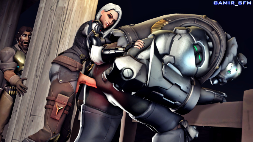 1futa 2boys 3d anal_sex ashe_(overwatch) big_penis bob_(overwatch) bowler_hat cole_cassidy doggy_style futa_on_male futanari gamir_sfm huge_penis intersex large_penis large_testicles larger_male omnic overwatch rape red_eyes robot small_dom_big_sub smaller_futanari source_filmmaker white_hair