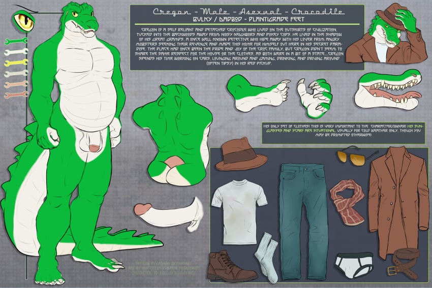 1boy alligator anthro ass belt claws clothing cregon crocodile crocodilian eyewear fedora hat jeans male male_only model_sheet pants penis reptile scalie scarf solo sunglasses undershirt whitefeathersrain