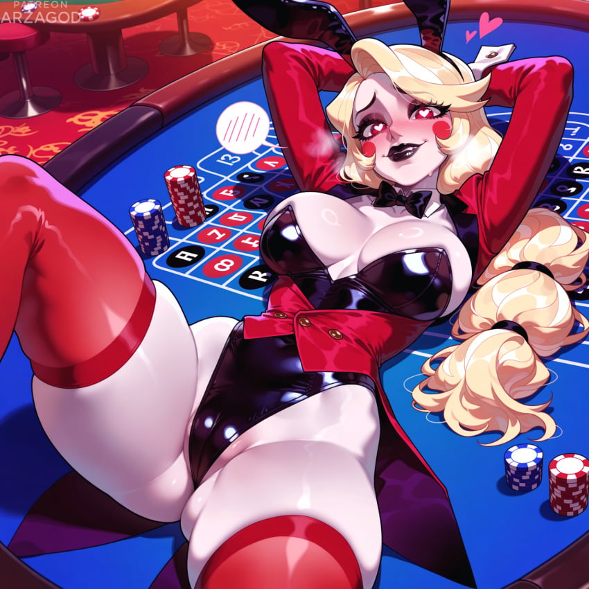 1girl ai_generated arms_up arzagod big_breasts blonde_hair blush bodysuit bunny_ears charlie_morningstar_(hazbin_hotel) hazbin_hotel large_breasts long_hair makeup perfect_legs red_eyes red_stockings stockings tagme thick_thighs