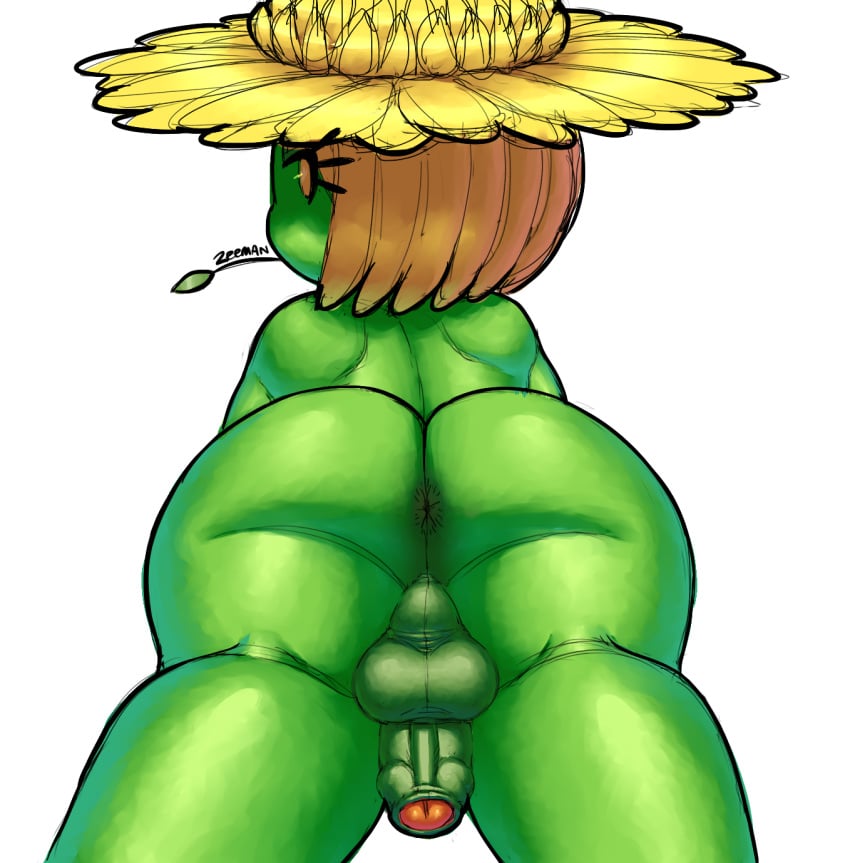 anthro anus ass back back_view backsack balls big_ass big_butt blonde_hair clothing crossdressing flaccid flora_fauna flower foreskin gardener girly green_skin hair hat huge_ass huge_butt humanoid humanoid_penis laying_down male male_focus nude penis petals plant potfoot pov retracted_foreskin short_hair shortstack simple_background solo submissive_male sun_hat thick_thighs trap uncut wide_hips zeeman