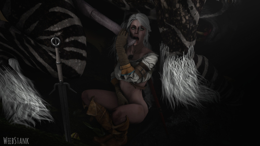 3d cd_projekt_red ciri female fiend green_eyes licking_penis masturbation monster monster_cock partially_clothed penis scar sword the_witcher_(series) the_witcher_3:_wild_hunt tongue_out weebstank white_hair