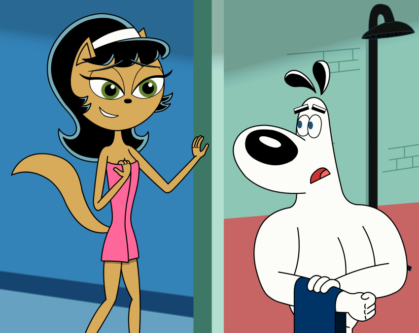 anthro black_hair black_nose canid canine canis davecartoons domestic_cat domestic_dog dudley_puppy duo eyebrows eyelashes felid feline felis female hair hi_res kitty_katswell male mammal naked_towel nickelodeon shower t.u.f.f._puppy