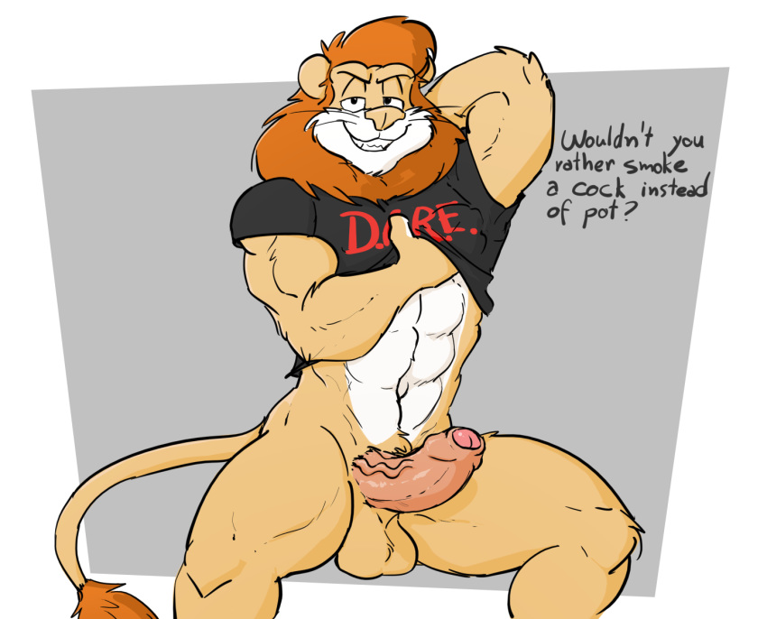 1boy 2016 abs anthro artbyyellowdog balls biceps bottomless brown_mane clothed clothing d.a.r.e. daren dialogue english_text erection felid fur hair humanoid_penis lion looking_at_viewer male male_only mammal muscular muscular_male navel pantherine penis smile solo text uncut