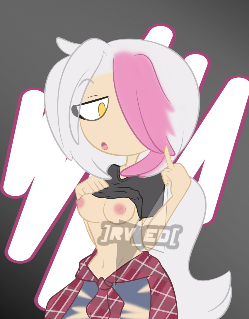 1girls breasts female female_only fnafhs human meg_(fnafhs) middle_finger pink_nipples rv_ed solo white_hair yellow_eyes