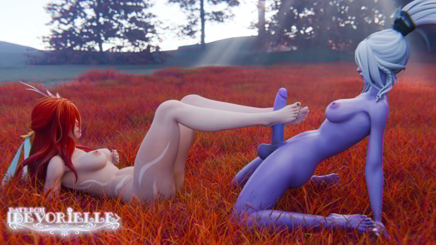 3d 3d_model 3d_render breasts devorielle dota dota_2 drow_ranger feet foot_fetish footjob futa_on_female futanari genitals red_hair toes white_hair windranger yuri