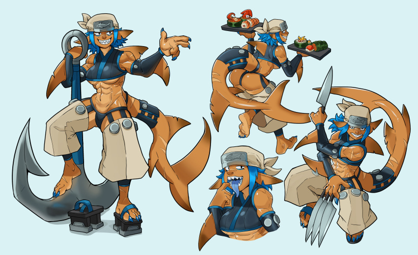 abs anchor anthro ass bandana blue_hair breasts chris-ceehaz female food knife muscle muscular_female navel pointy_ears shark shark_girl sharp_teeth solo tail teeth tongue